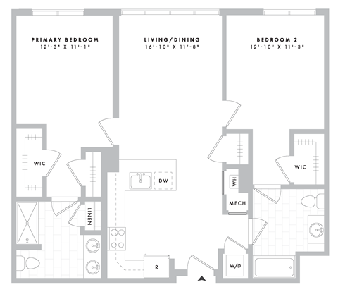 Floor plan for 2 beds, 2 baths, 1123 sqft